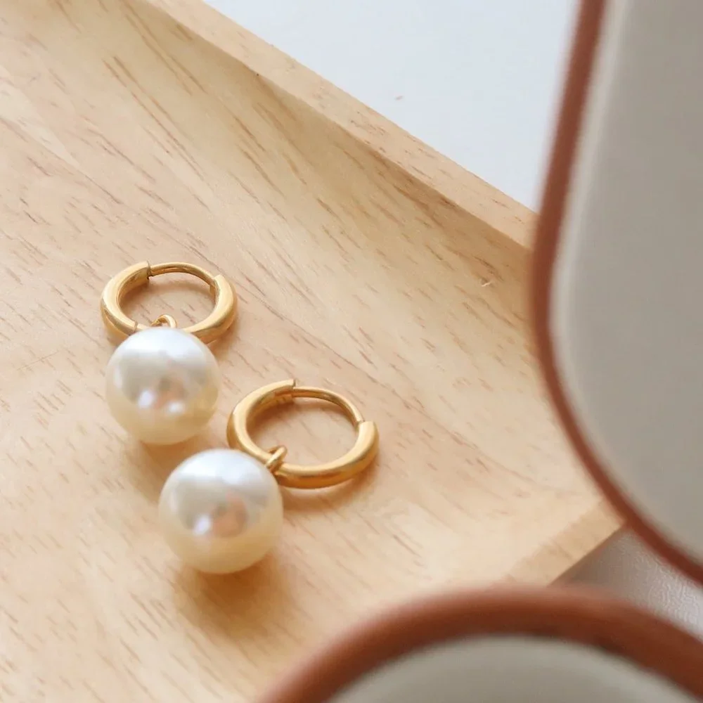 NEW 18K Gold Plated Round Pearl Drop Huggie Round Hoop Earrings - Picture 6 of 9